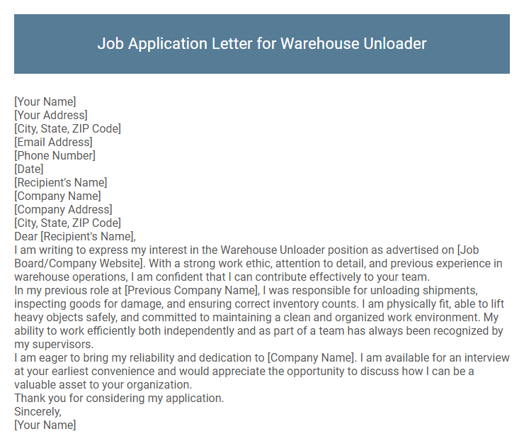 Job Application Letter for Warehouse Unloader
