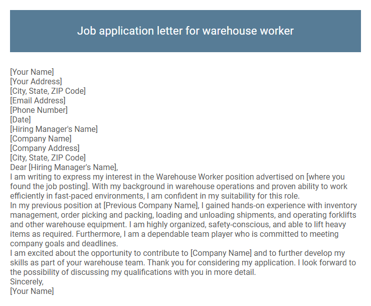 Job application letter for warehouse worker