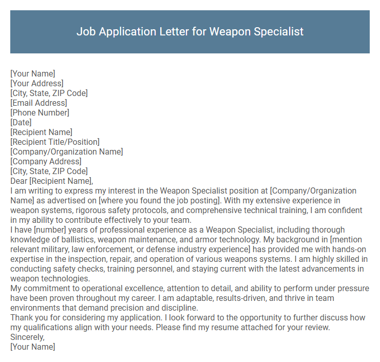 Job Application Letter for Weapon Specialist