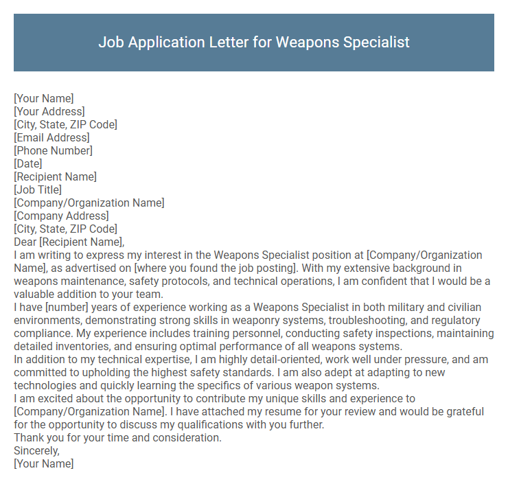 Job Application Letter for Weapons Specialist