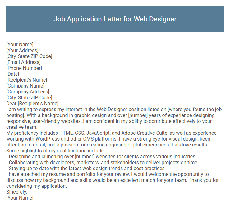 Job Application Letter for Web Designer