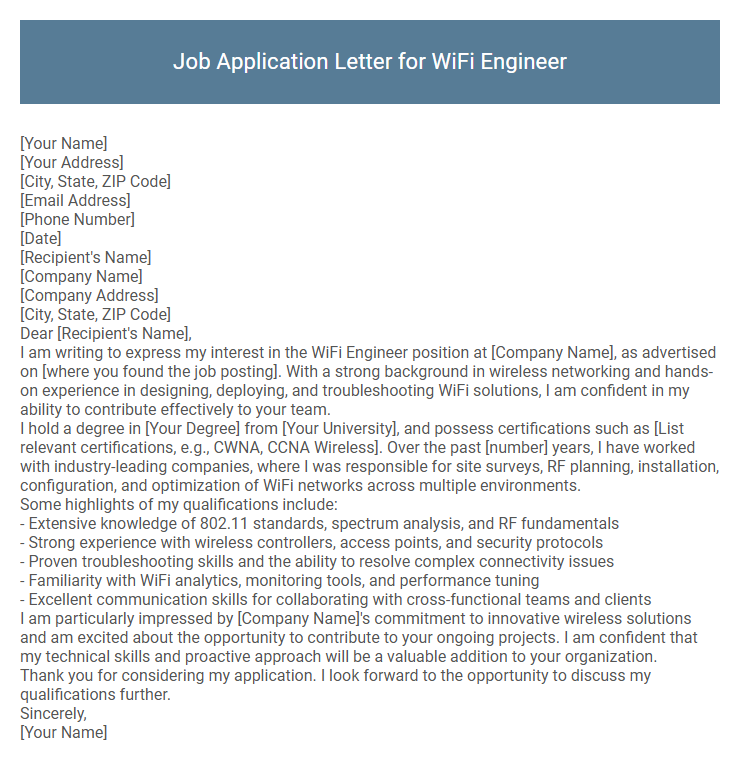 Job Application Letter for WiFi Engineer