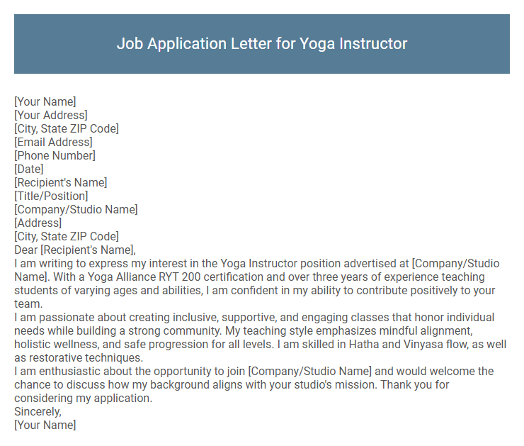 Job Application Letter for Yoga Instructor