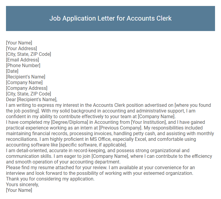 Job Application Letter for Accounts Clerk
