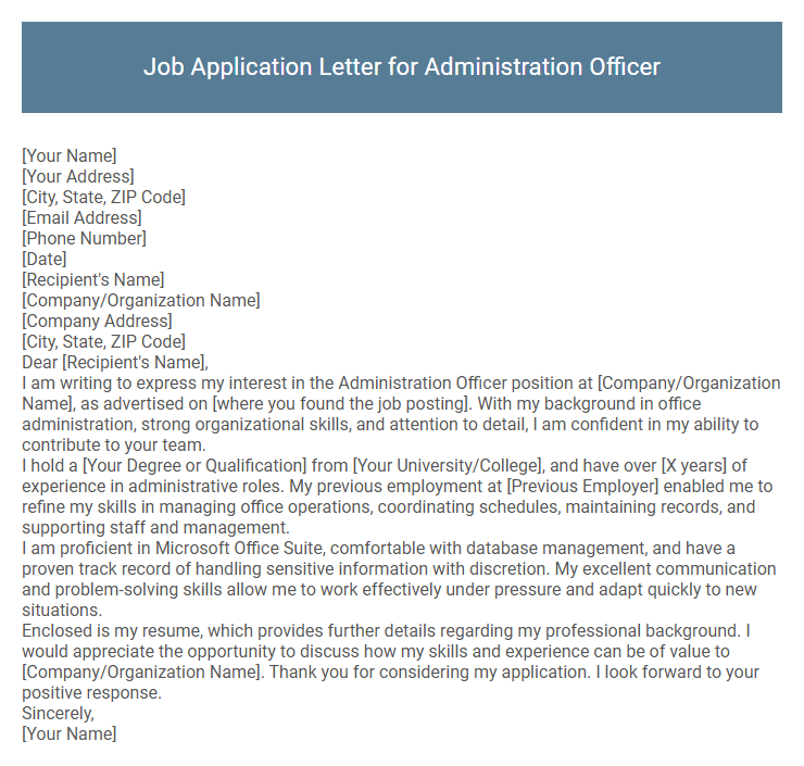 Job Application Letter for Administration Officer