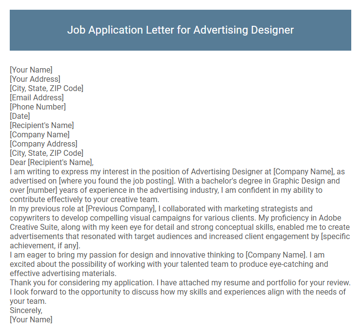 Job Application Letter for Advertising Designer