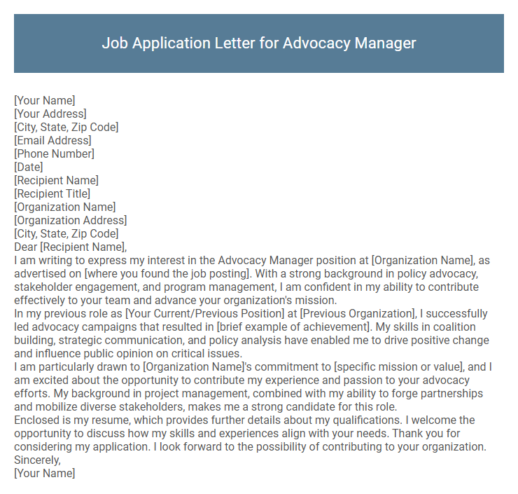 Job Application Letter for Advocacy Manager