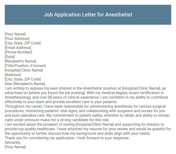 Job Application Letter for Anesthetist