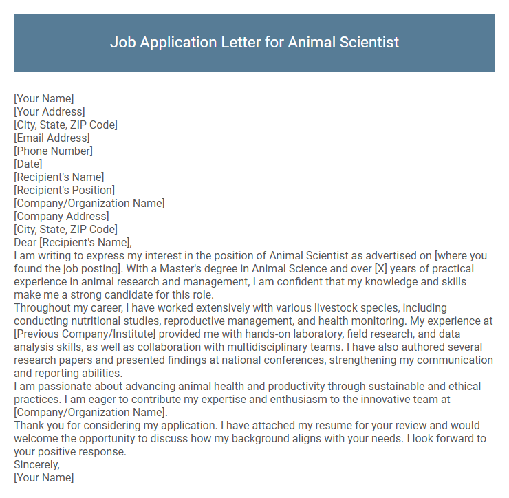 Job Application Letter for Animal Scientist