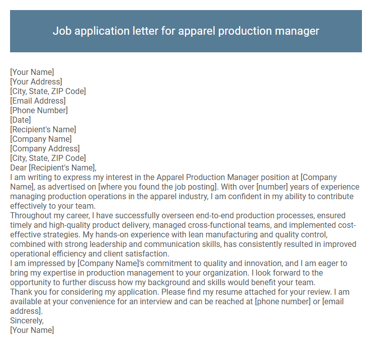 Job application letter for apparel production manager