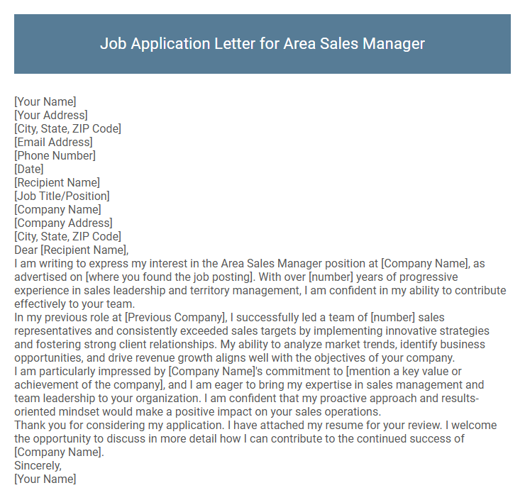 Job Application Letter for Area Sales Manager