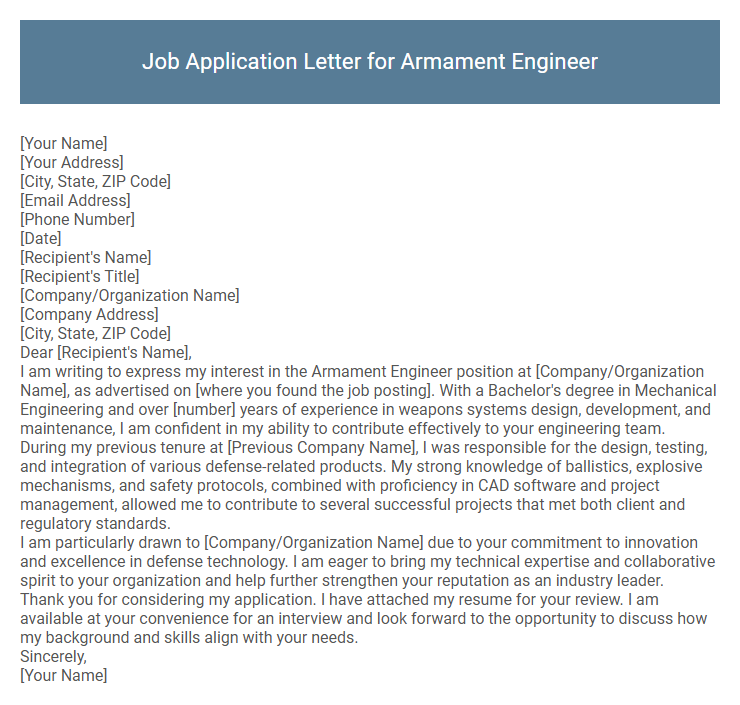 Job Application Letter for Armament Engineer