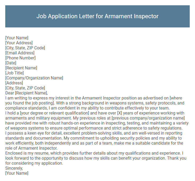 Job Application Letter for Armament Inspector