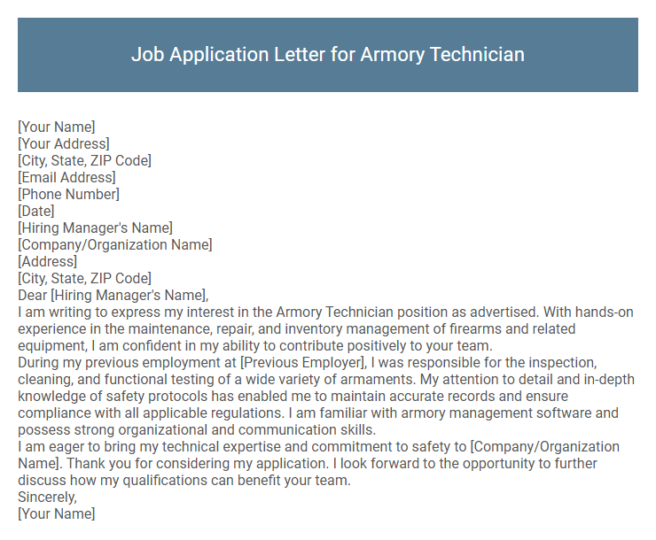 Job Application Letter for Armory Technician