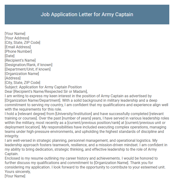 Job Application Letter for Army Captain