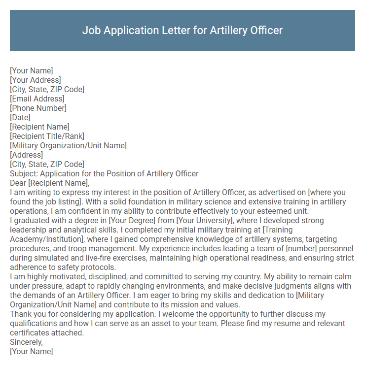 Job Application Letter for Artillery Officer