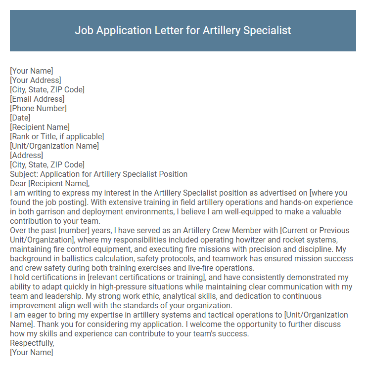 Job Application Letter for Artillery Specialist