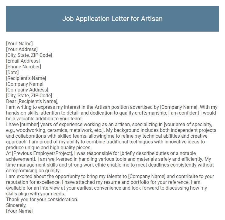Job Application Letter for Artisan