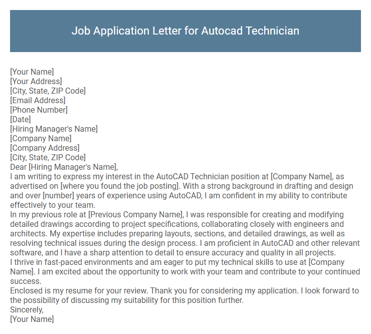 Job Application Letter for Autocad Technician