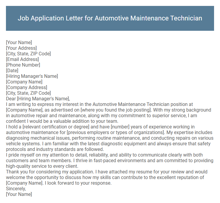 Job Application Letter for Automotive Maintenance Technician