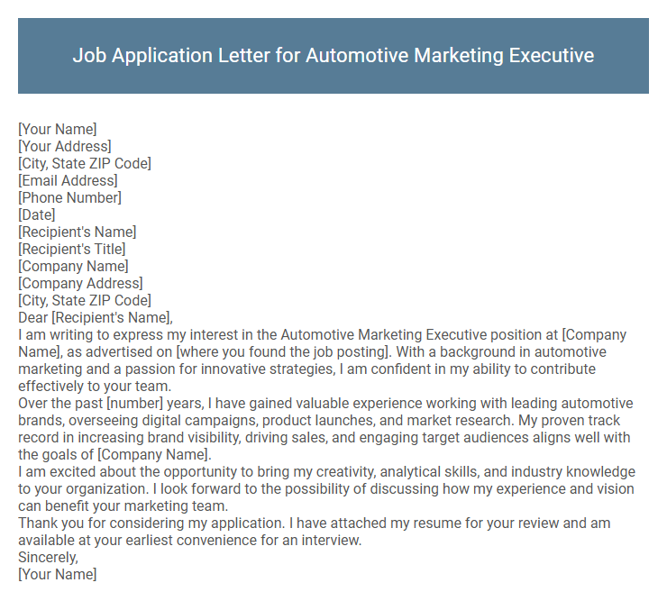 Job Application Letter for Automotive Marketing Executive