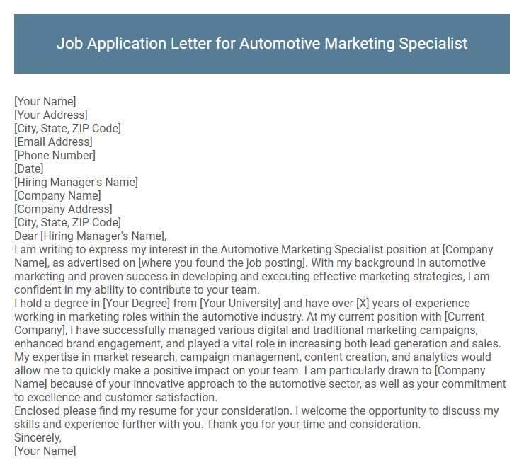 Job Application Letter for Automotive Marketing Specialist