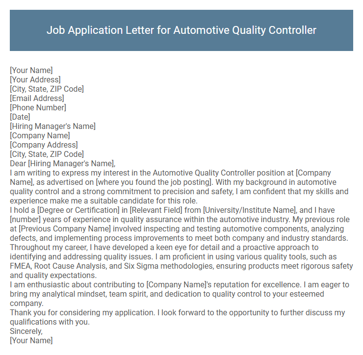Job Application Letter for Automotive Quality Controller