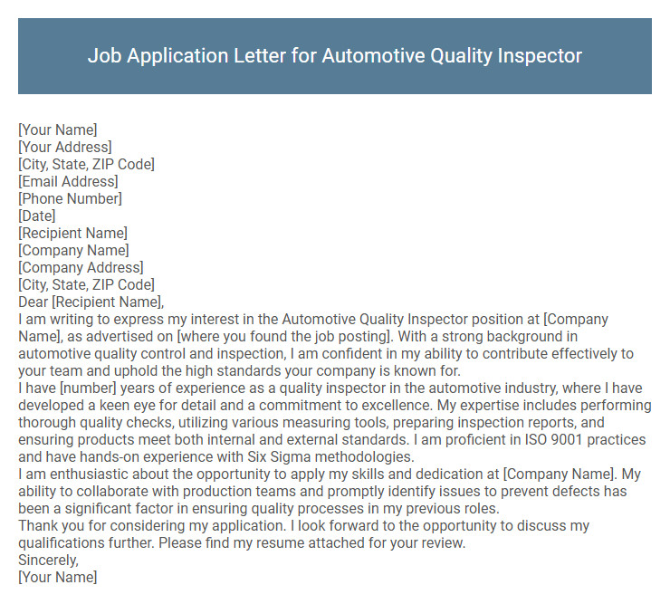 Job Application Letter for Automotive Quality Inspector