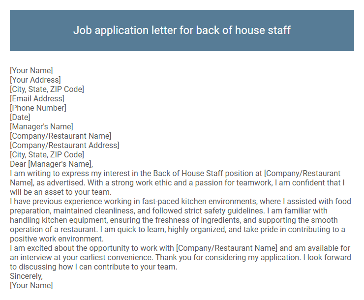 Job application letter for back of house staff