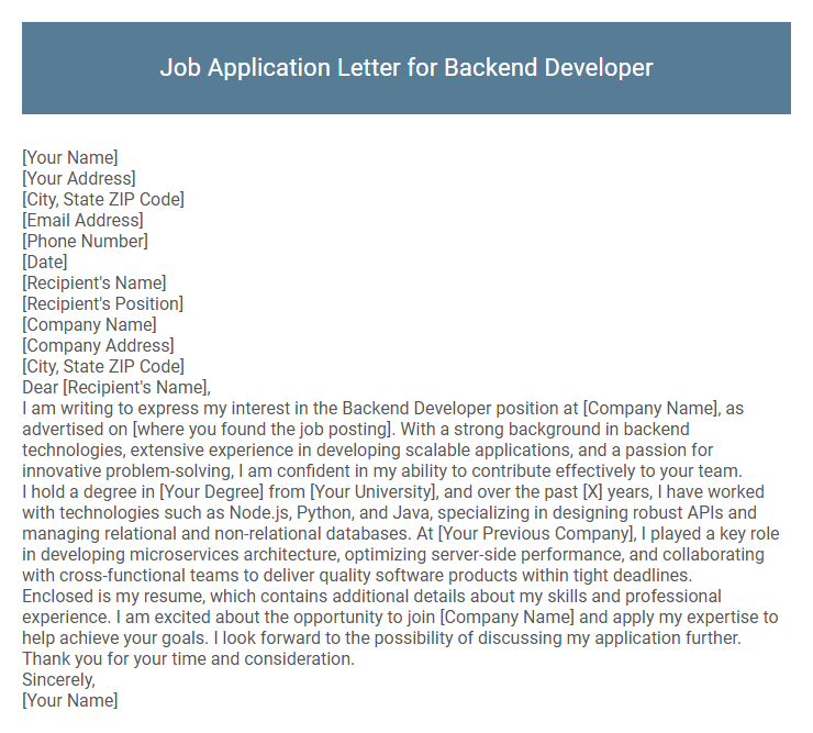 Job Application Letter for Backend Developer