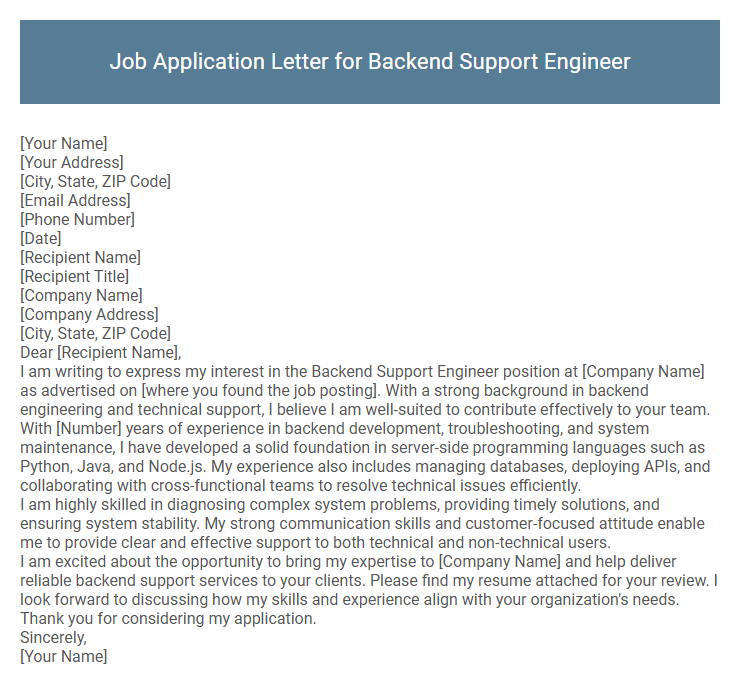 Job Application Letter for Backend Support Engineer