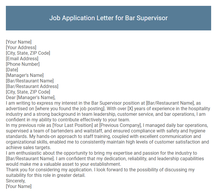 Job Application Letter for Bar Supervisor