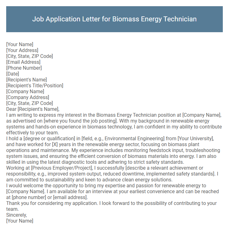 Job Application Letter for Biomass Energy Technician