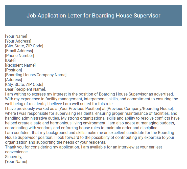 Job Application Letter for Boarding House Supervisor