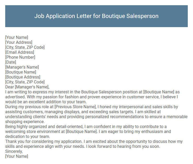 Job Application Letter for Boutique Salesperson