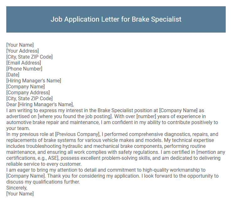 Job Application Letter for Brake Specialist