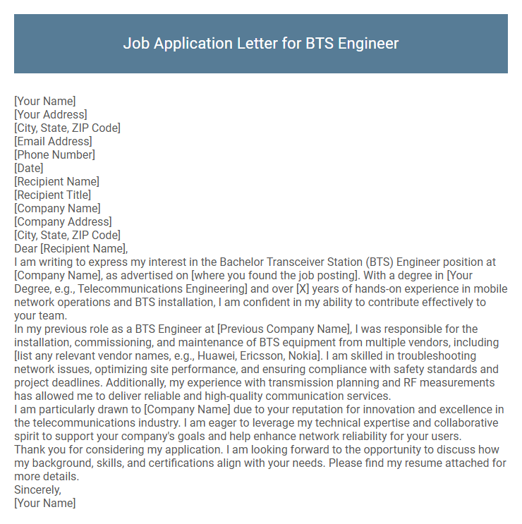 Job Application Letter for BTS Engineer