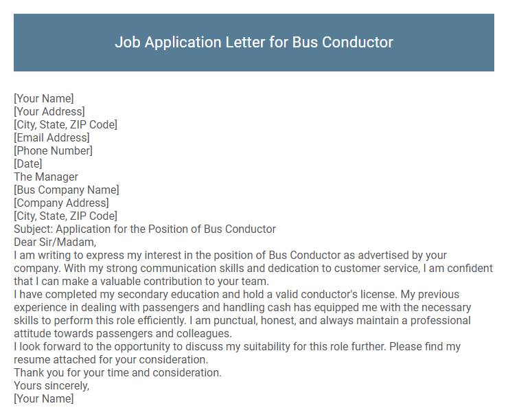 Job Application Letter for Bus Conductor