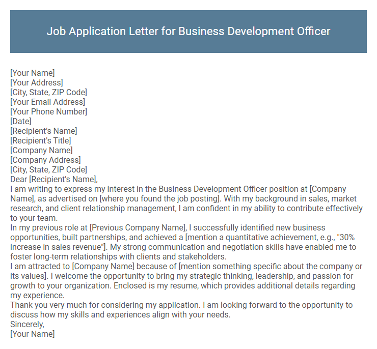 Job Application Letter for Business Development Officer