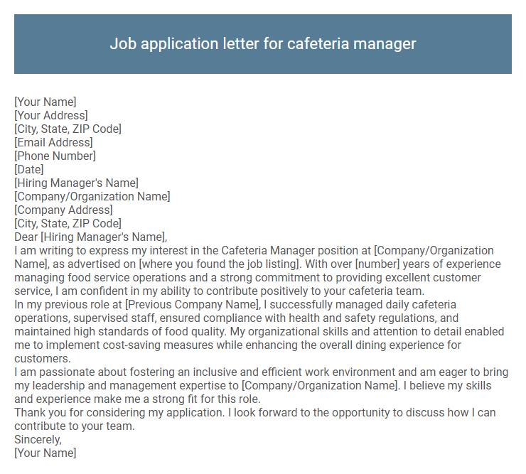 Job application letter for cafeteria manager