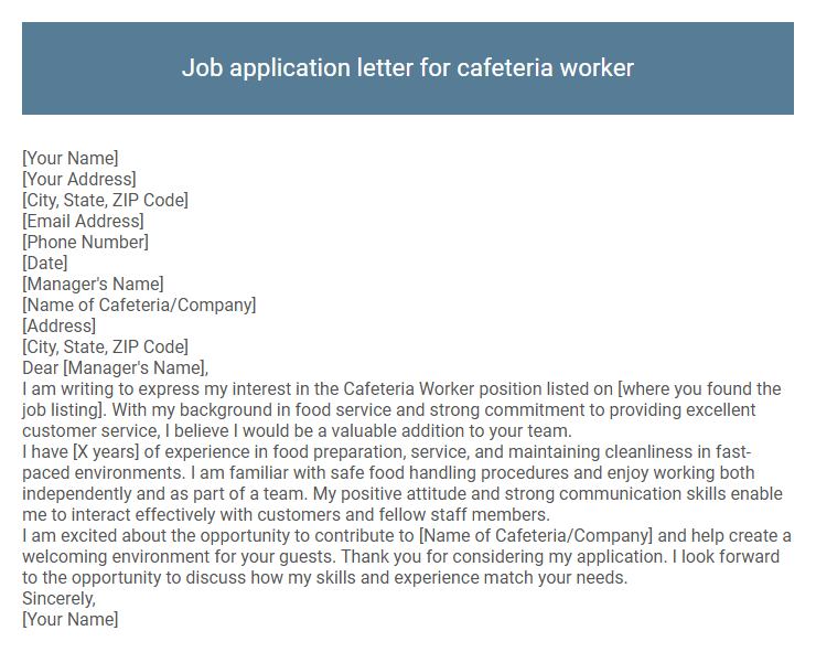 Job application letter for cafeteria worker
