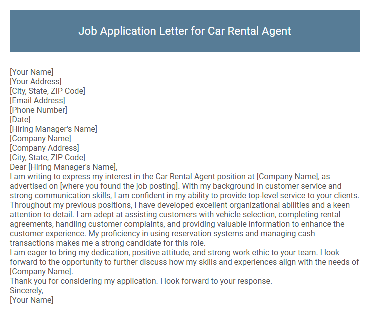 Job Application Letter for Car Rental Agent