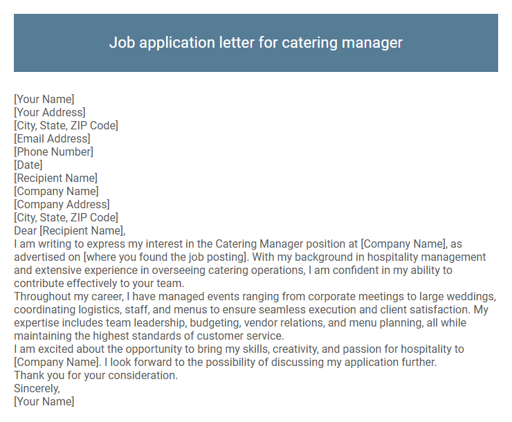 Job application letter for catering manager