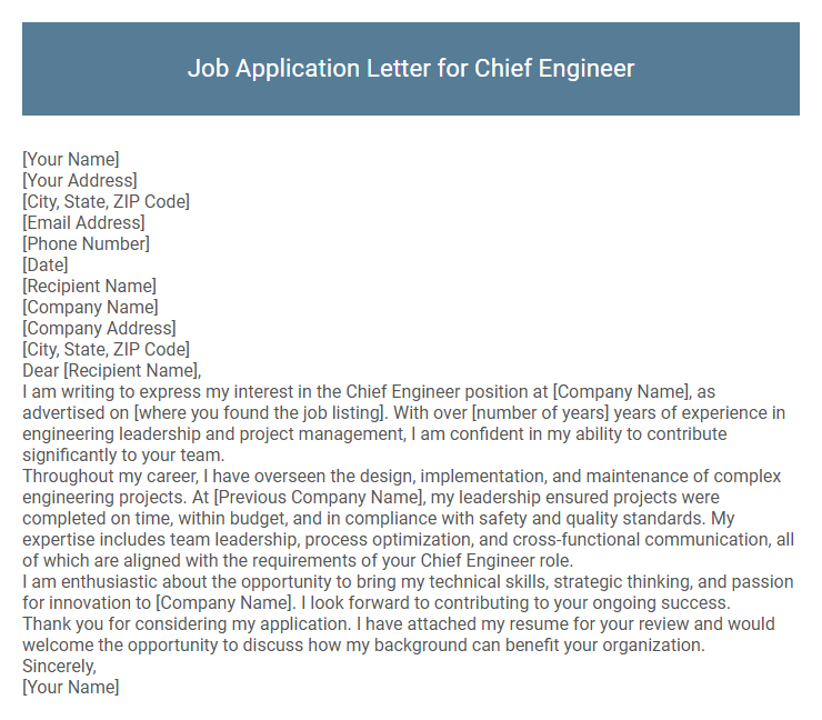 Job Application Letter for Chief Engineer