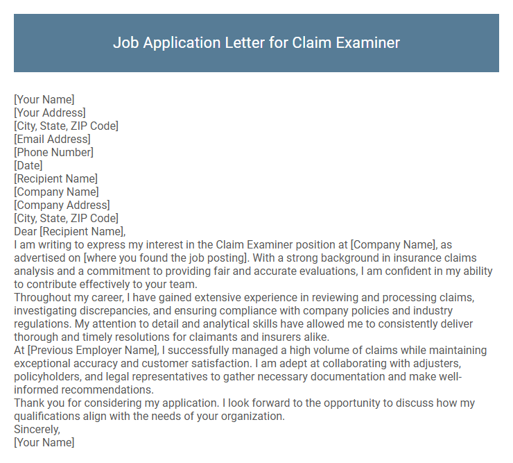 Job Application Letter for Claim Examiner
