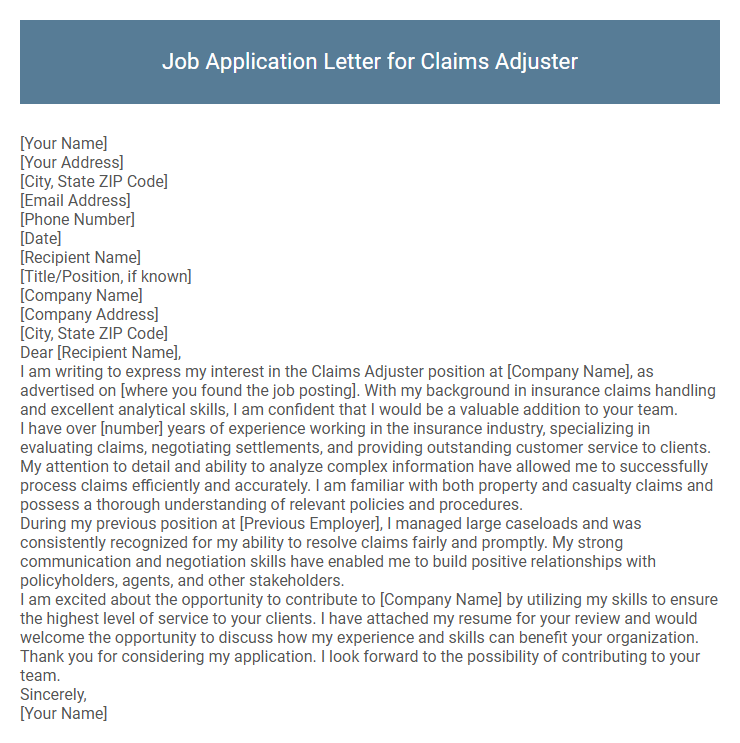 Job Application Letter for Claims Adjuster