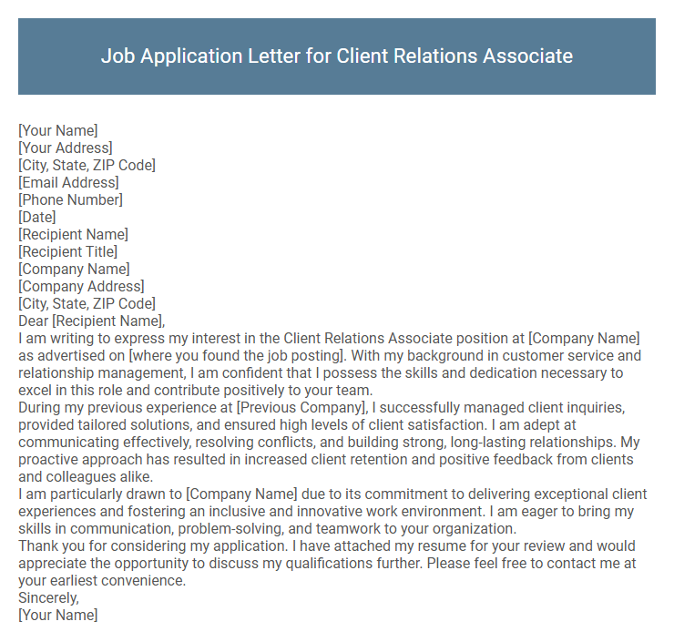 Job Application Letter for Client Relations Associate