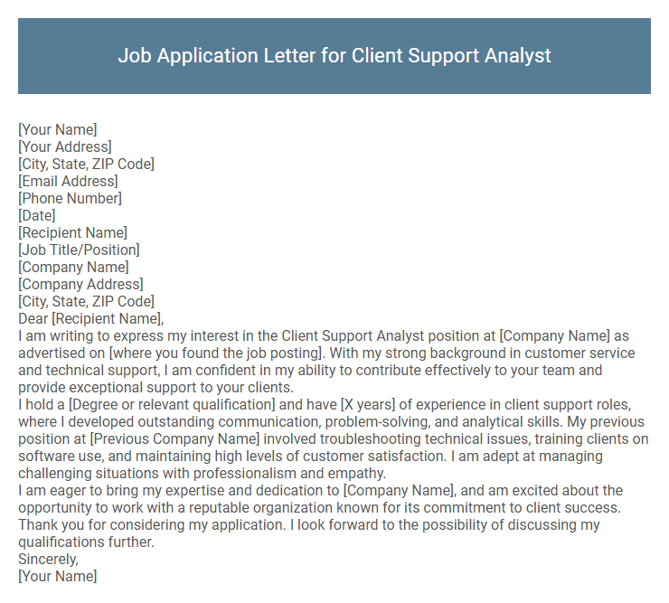 Job Application Letter for Client Support Analyst