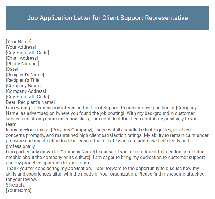Job Application Letter for Client Support Representative