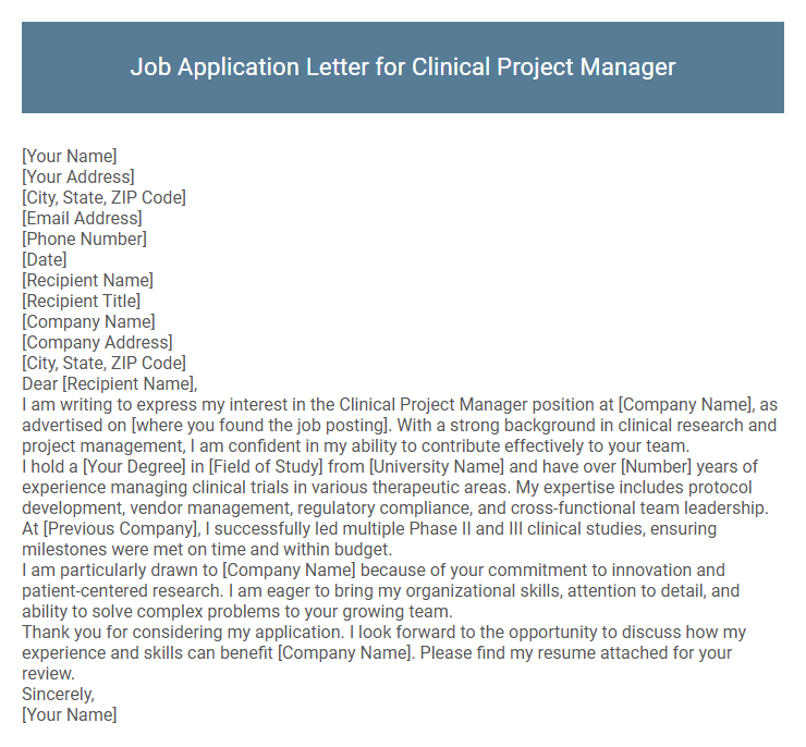 Job Application Letter for Clinical Project Manager